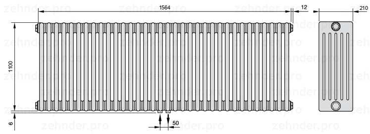 Схема (чертеж) Радиатор Zehnder Charleston 6110/34 №3470 Белый глянцевый RAL 9016